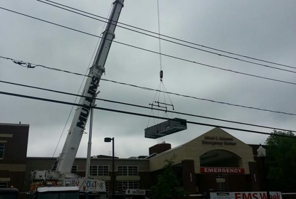 Setting an 8, 000 lbs. air conditioning unit today at a local hospital.