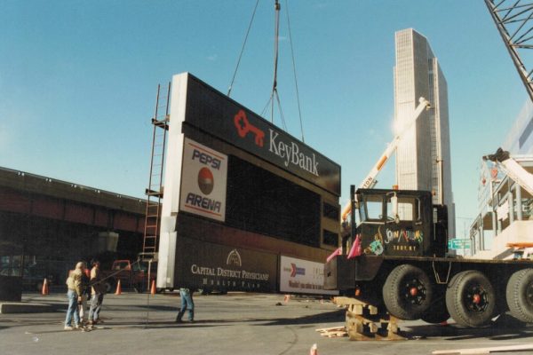 Mullins Rigging erection of sign at Knickerbocker Arena (Key Bank Center, Times Union Center)